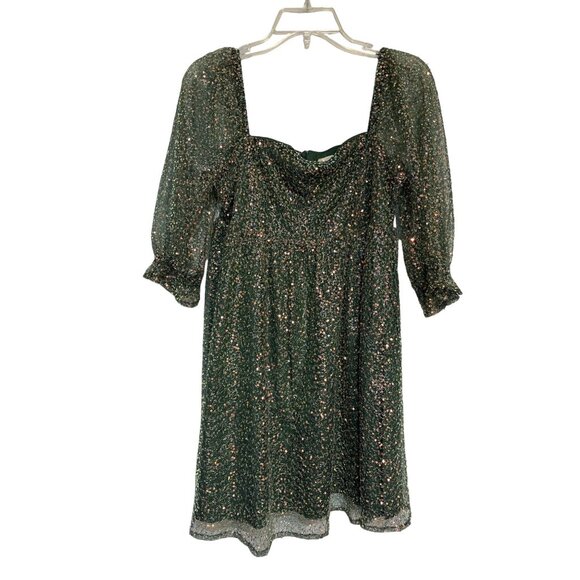 Altard State Green Sequin Puff Sleeve  Baby Doll Dress M - Picture 1 of 7